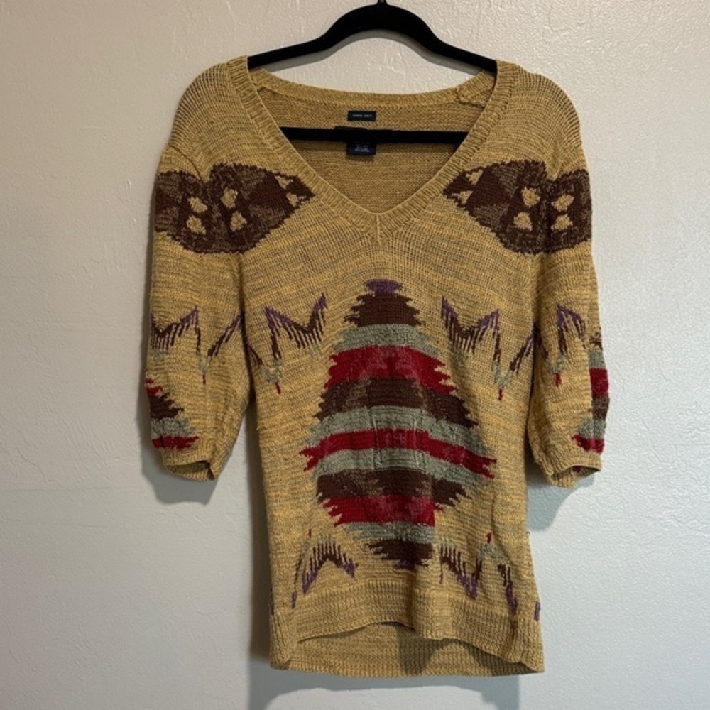 Ralph Lauren Gold and Brown linen, cotton and silk blend  V-Neck Sweater